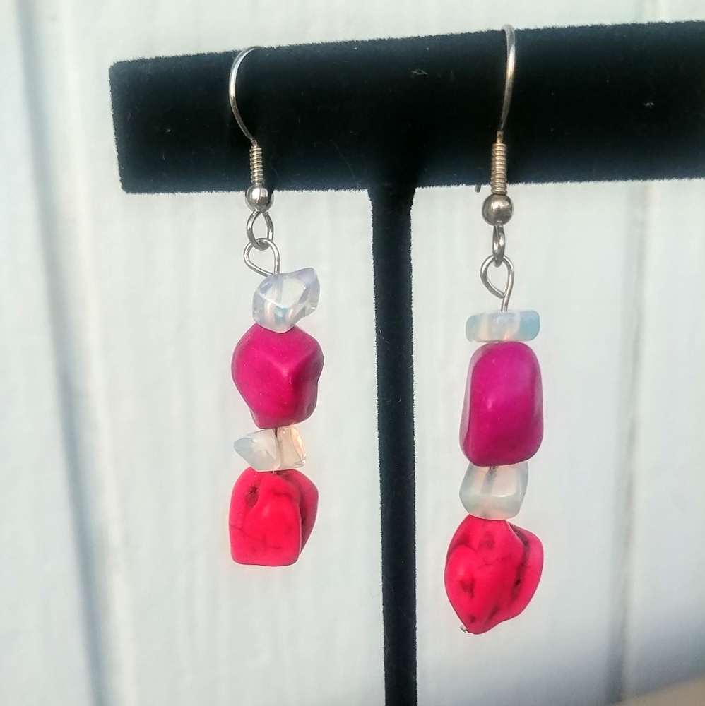 Pink & Purple Stone & Iridescent Beaded Earrings
